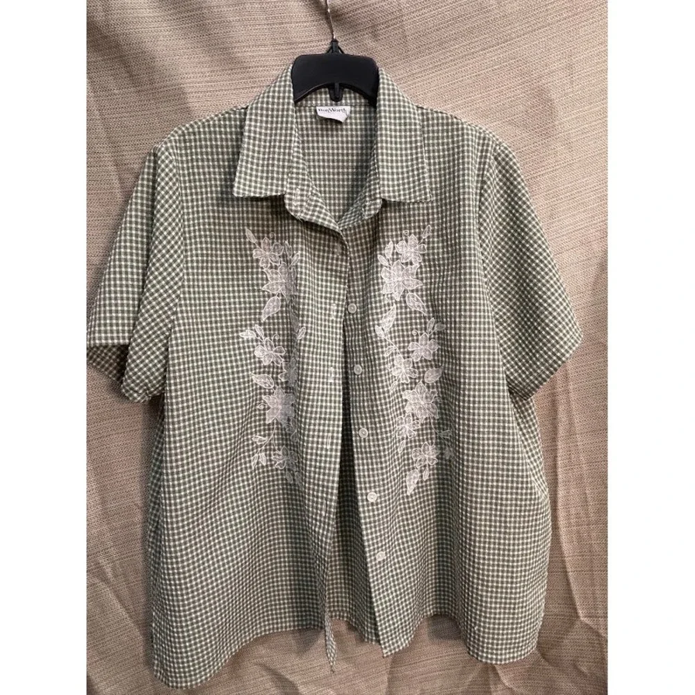 BonWorth 3 Piece Set Sage Green Gingham Embroidered Shirt Pants Top XL